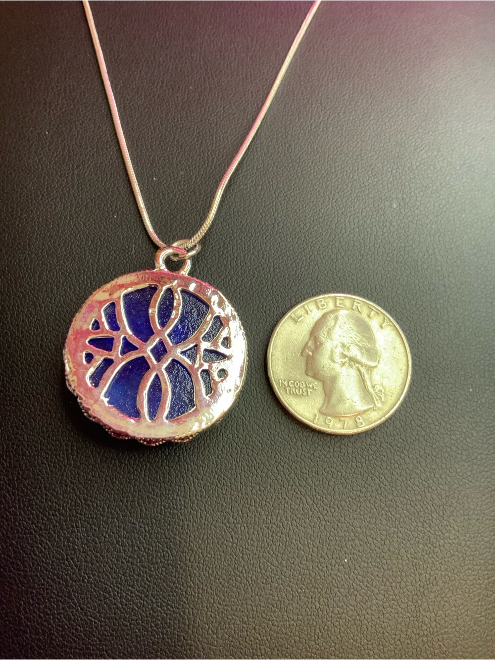 New Silver Moon Face Pendant Necklace in Iridescent Blue on 20” Chain (Z-28) - Picture 3 of 3